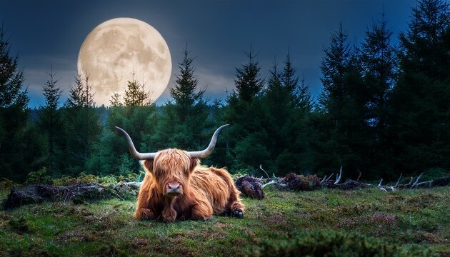 majestic highland cow resting in a mystical forest under a bright full moon surrounded by lush greenery and trees