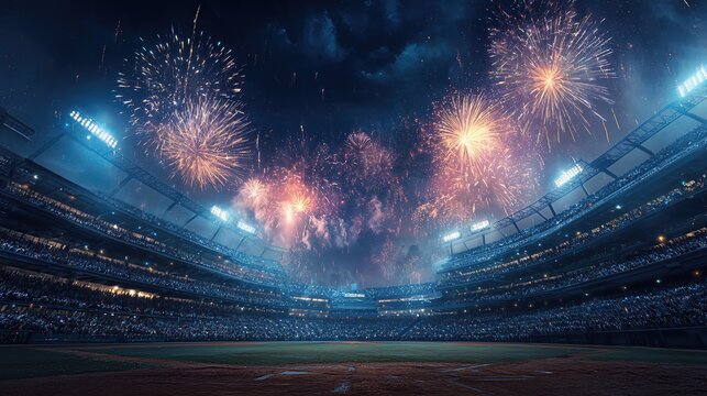 Colorful fireworks explode over a packed baseball stadium, capturing the thrill of the game and the celebration shared by an energetic crowd.
