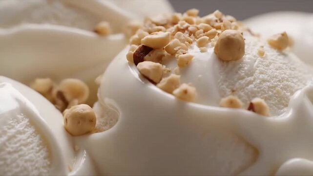 Macro creamy hazelnut ice cream with nut pieces falling in slow motion, highlighting smooth texture, crunchy contrast, and irresistible richness under soft, appetizing lighting.

