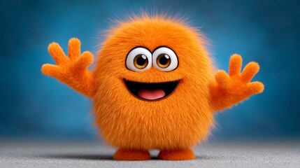 A fuzzy orange monster with big eyes and a big smile. It looks like it's happy and ready to greet someone
