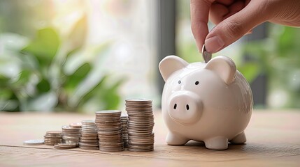 A symbolic gesture of inserting a coin into a piggy bank next to growing stacks of money reflects discipline, growth, and financial awareness.
