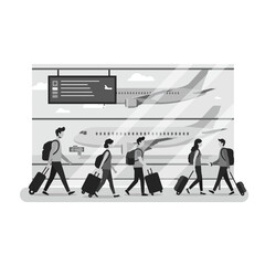 A diverse group of travelers walks with their luggage through a modern airport terminal, with an airplane visible outside, depicted in a grayscale illustration.