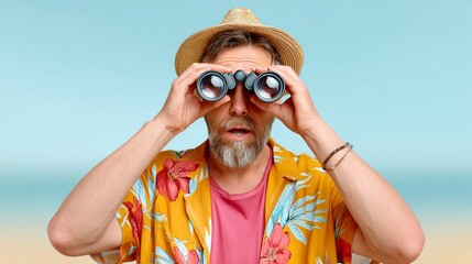 A man wearing a yellow shirt and straw hat is looking through binoculars. He is surprised or excited about something he is seeing