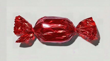 A single red candy wrapped in glossy foil sits elegantly with curled edges, capturing the essence of treats and festive delight.
