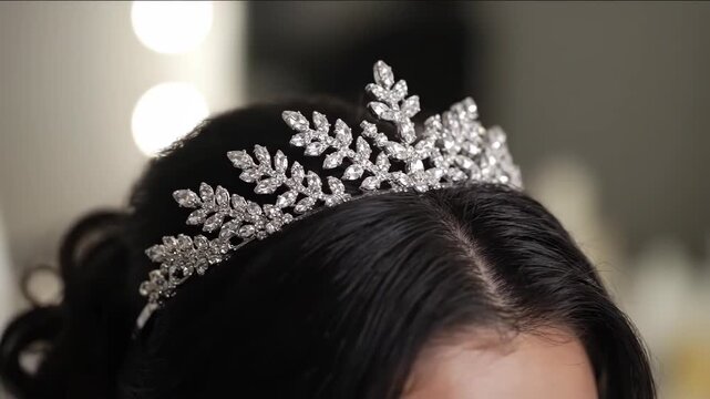 Close-up sparkling silver tiara being gently placed on styled hair in soft light, with crystal reflections and graceful hand motion, creating an elegant, romantic bridal beauty moment.