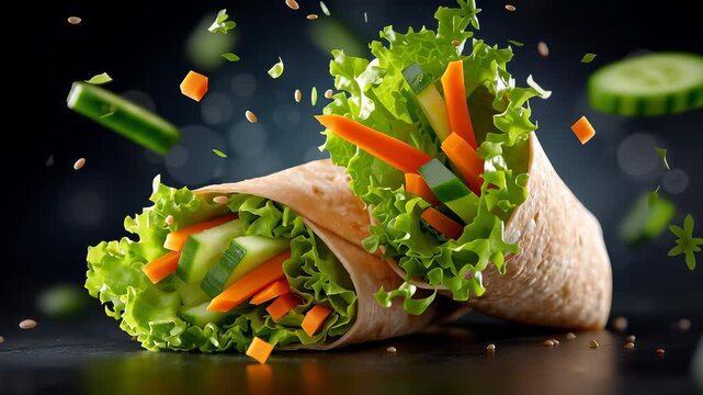 Healthy vegetable wrap showcases freshness with vibrant lettuce and various ingredients. Culinary setting emphasizes nutrition and wellness. Concept for restaurants, catering, health food