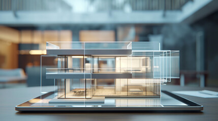 Augmented reality house projection from tablet. Futuristic smart architecture model with digital blueprint in modern workspace for design concept visuals.