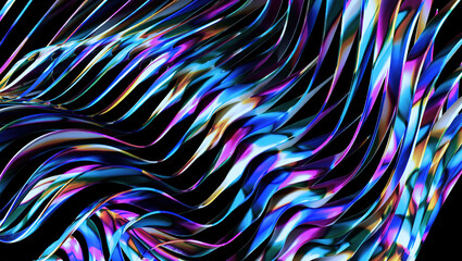Abstract 3D background with mother-of-pearl metal plates in a complex geometric pattern in a three-dimensional composition with blue and purple colors with different shades and iridescent effects.