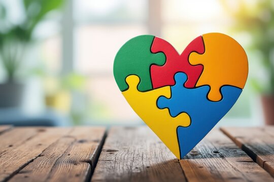 Heart shaped puzzle with bright colors representing autism awareness and acceptance