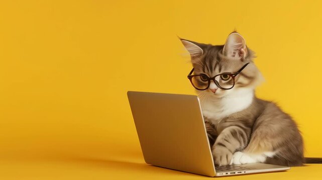 A cat is sitting on a laptop computer with glasses on its face. The cat appears to be looking at the camera, possibly as if it is trying to use the computer. Concept of curiosity and playfulness