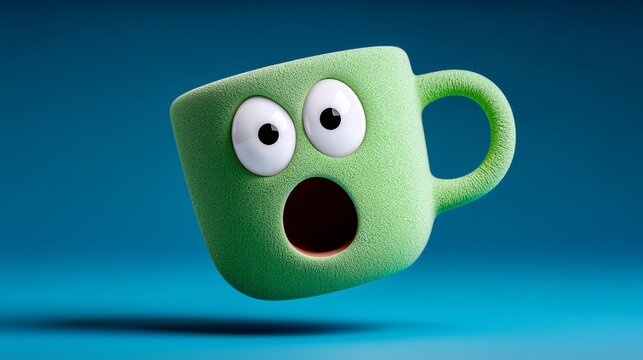 A green cup with a surprised face is floating in the air. The cup is made of a fuzzy material and has a green color. Concept of playfulness and whimsy