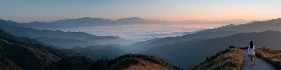 Asian female admiring mountain sunrise with cloud valley panorama