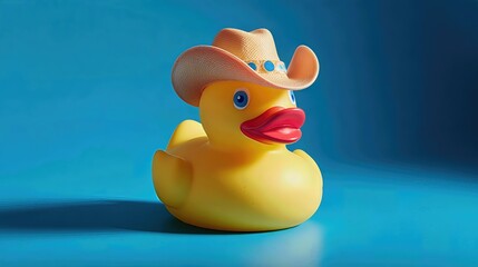 A cheerful rubber duck with a cowboy hat rests on a bright blue surface, combining whimsy and western flair in a playful scene.
