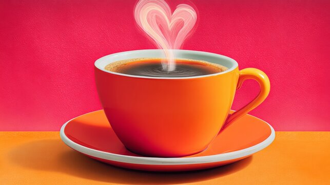 A cup of coffee with a heart on top of it. The coffee is hot and steam is coming out of it. The cup is orange and the background is pink