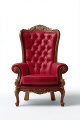 Luxurious red leather armchair with ornate wooden details on white background