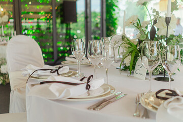 Catering service on banquet table with canape snacks in restaurant or hotel. Decorated food set on birthday, wedding celebration or business conference event venue