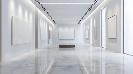 Fototapeta premium an elegant modern art gallery with large blank canvases on white walls, soft museum lighting, room for brand visuals or campaign content, high-end aesthetic, 16:9 frame