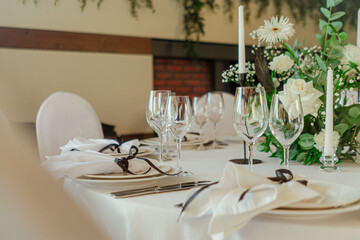 Catering service on banquet table with canape snacks in restaurant or hotel. Decorated food set on birthday, wedding celebration or business conference event venue