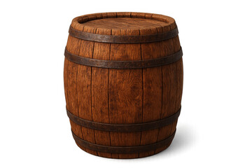 Fototapeta premium Vintage wooden barrel with rustic metal bands, 3d-rendered against transparent backdrop, highlighting craftsmanship and traditional cooperage techniques