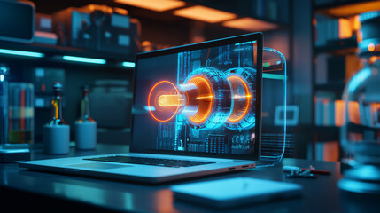 Futuristic nuclear fusion reactor interface. 3D energy core visualization on laptop screen in advanced scientific research lab. Ideal for energy innovation themes.