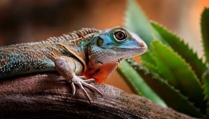 Obraz premium this stunning close up photograph captures the vibrant details of a lizard the intricate texture of its skin and striking eyes showcase the beauty of wildlife in nature