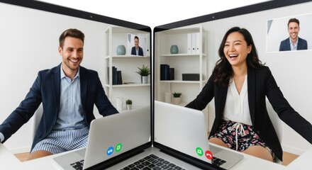 Two people on a video call wearing business attire on top and pajama bottoms on the bottom half