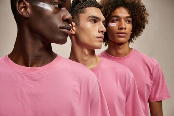Diverse Men in Pink T-Shirts with Face Markings - Portrait