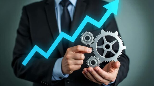 Process improvement and productivity growth concept. A businessman holds gears and upward arrows, symbolizing process optimization, productivity growth, efficient processes.