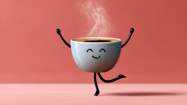A cartoon coffee cup is dancing on a table. The cup is smiling and he is happy