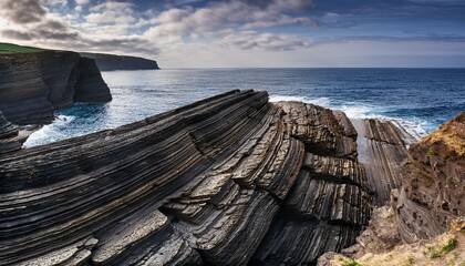 coastal rock formation with intricate sedimentary layers