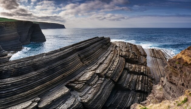 coastal rock formation with intricate sedimentary layers