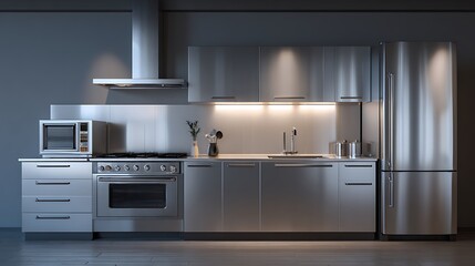 A modern kitchen featuring stainless steel appliances and sleek gray cabinetry design