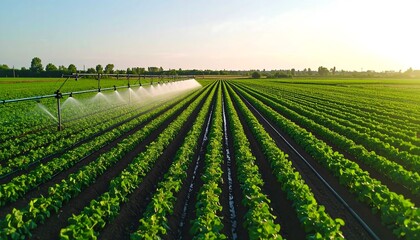 Aerial view of an irrigated agricultural field at sunset, showcasing neat rows of thriving green crops