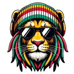 Obraz premium Cool Rastafarian Lion with Sunglasses and Beanie – Reggae Vibes Illustration