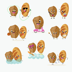 Baked food funny characters, hand drawn vector illustration.