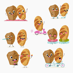 Baked food funny characters, hand drawn vector illustration.