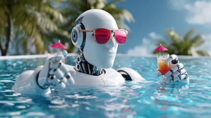Robot Relaxing in Pool with Sunglasses and Drinks