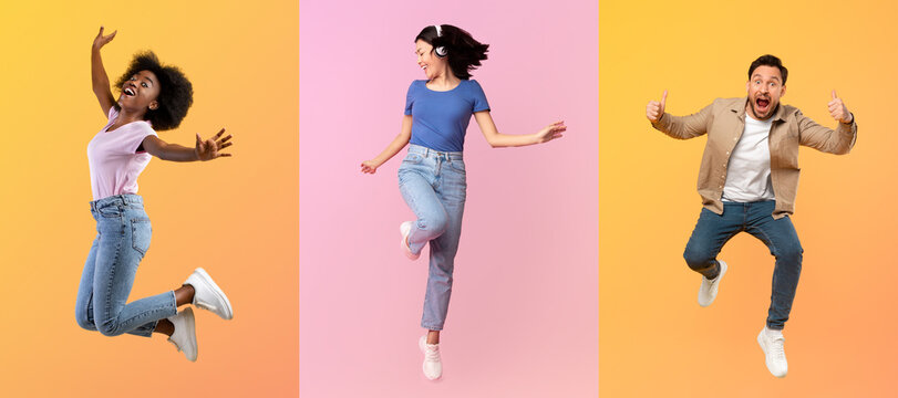 A collage featuring three individuals joyfully jumping in the air against vibrant pastel backgrounds. Each person exudes happiness, showcasing diversity and a lively lifestyle filled with positivity.
