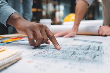 Two hands focus on a blueprint while mapping out plans for a project highlighting teamwork and creativity