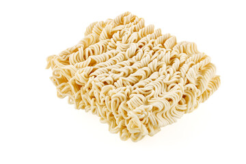 Dry raw instant noodles isolated on white background. Close-Up.