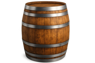 Classic wooden barrel with metal rings, isolated on transparent background, ideal for beverage and storage concepts
