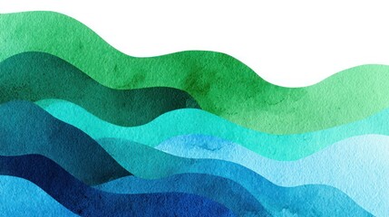 Abstract watercolor landscape of rolling hills in shades of green and blue