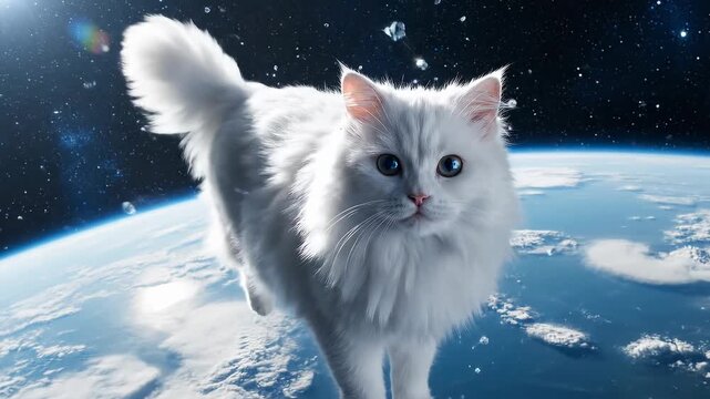 Majestic white cat floats serenely through outer space with Earth below, a whimsical cosmic adventure unfolding.