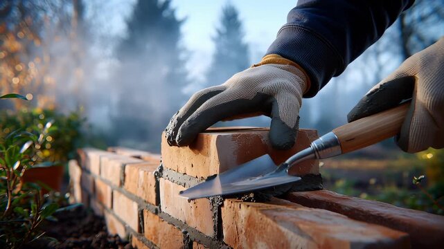Bricklayer places final brick on low wall with focused attention. Outdoor construction setting surrounded by green plants and soft morning light. Concept of masonry, landscaping, construction