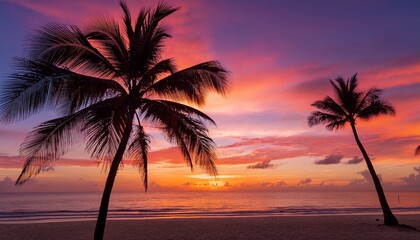 two palm trees silhouetted against a vibrant pink and orange sunset sky with the ocean in the foreground and a sandy beach extending into the distance