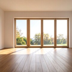 Fototapeta premium Empty modern room with large windows overlooking a garden