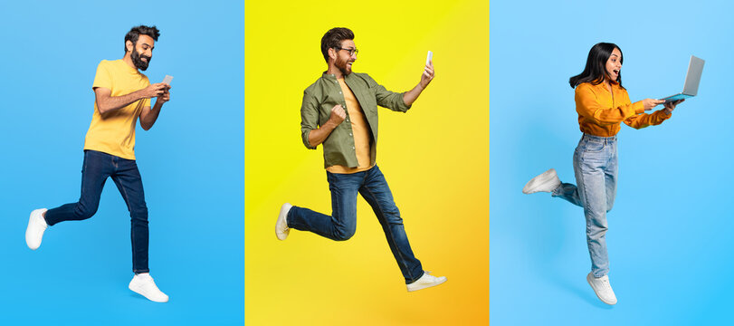 Three individuals showcase a lively lifestyle in a vibrant collage, using their gadgets, laptop and smartphone - Powered by Adobe