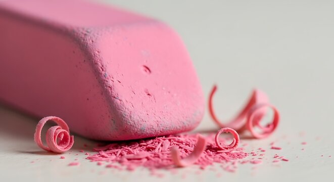 Close up of a Pink Eraser with Shavings on a Clean White Surface Depicting Correction and School Supplies
