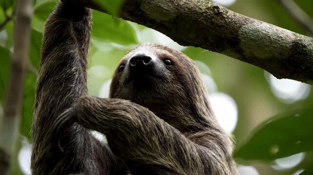 Three-toed sloth slowly moves while hanging from a tree in the Amazon rainforest. Rich fur texture and calm jungle atmosphere in ultra-realistic detail.

