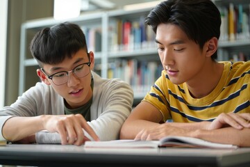 Two Young Men Studying Together at a Library Table